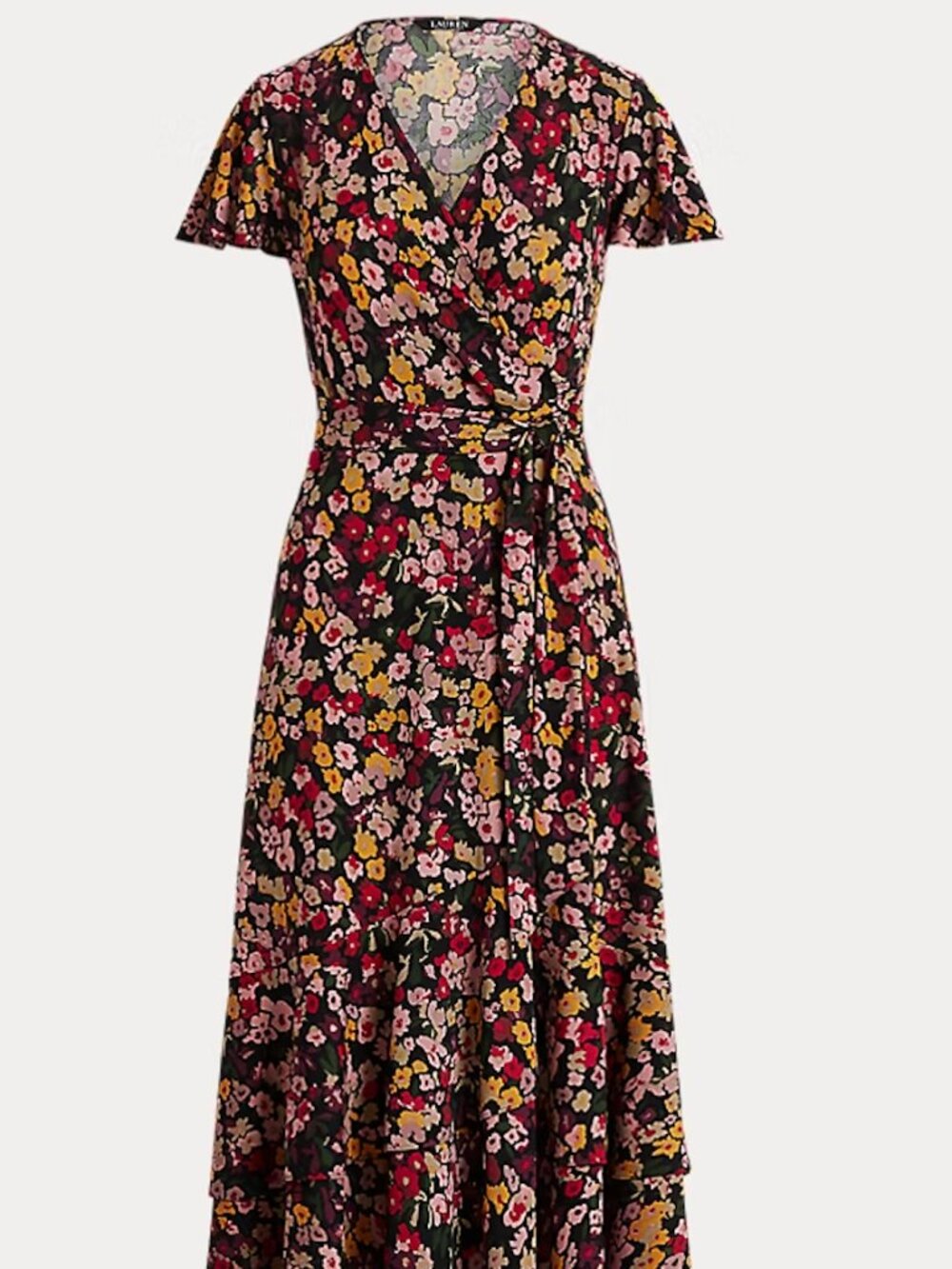Lauren Ralph Lauren Black Multicolor Floral Wrap Midi Dress